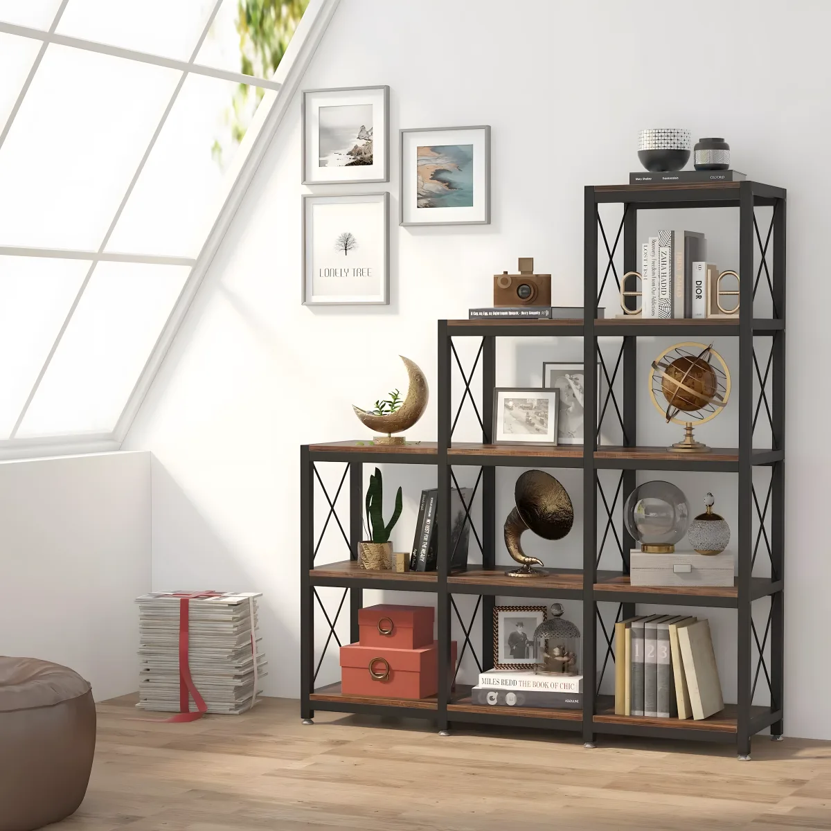 Pecks Industrial Bookshelf Living Lounge 12 Shelves Industrial Bookcase Rack